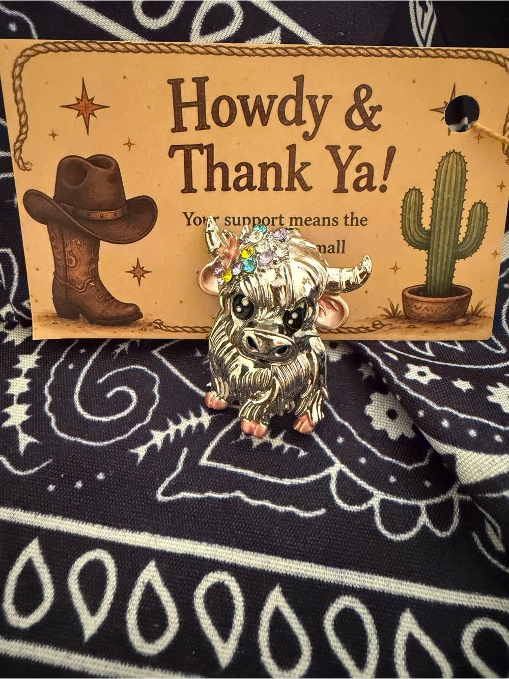 Rhinestone Highland Cow Pin Brooch - Silver Tone with Pink & Multicolor Accents